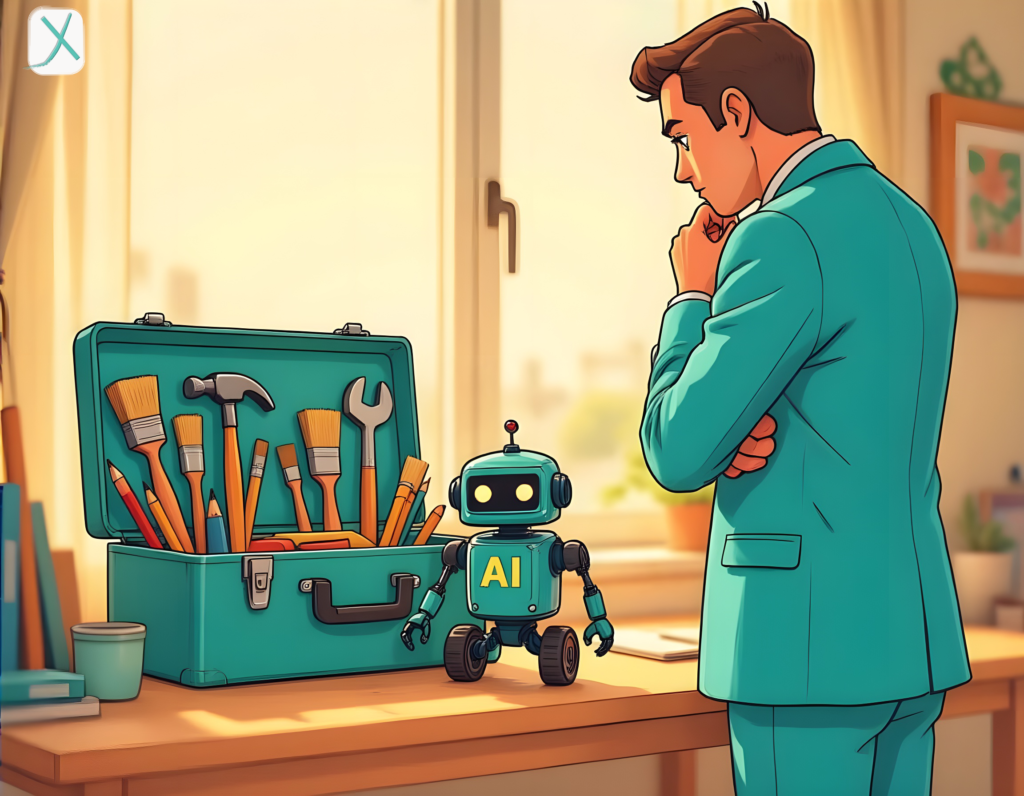 Vom Gedanken zum aussagekräftigem Bild mit KI - Mann blickt in einen Werkzeugkoffer und denkt nach